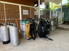 Scuba rental equipment and cylinders ready for divers