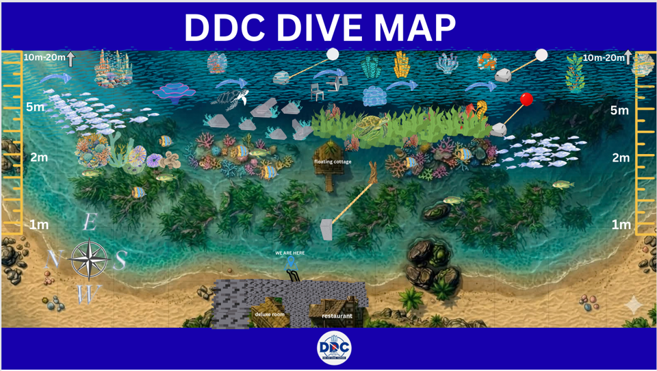 DDC dive map showing the shoreline, restaurant, deluxe room, floating cottage, reef areas, and depth markers from 1 meter to 10–20 meters